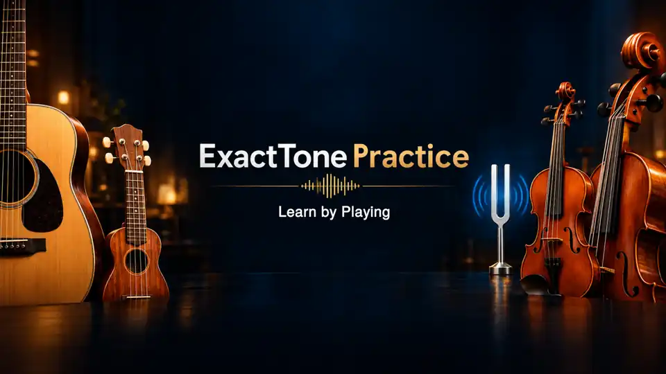 ExactTone Practice: acoustic guitar, ukulele and string instruments in a warm recording-studio scene.